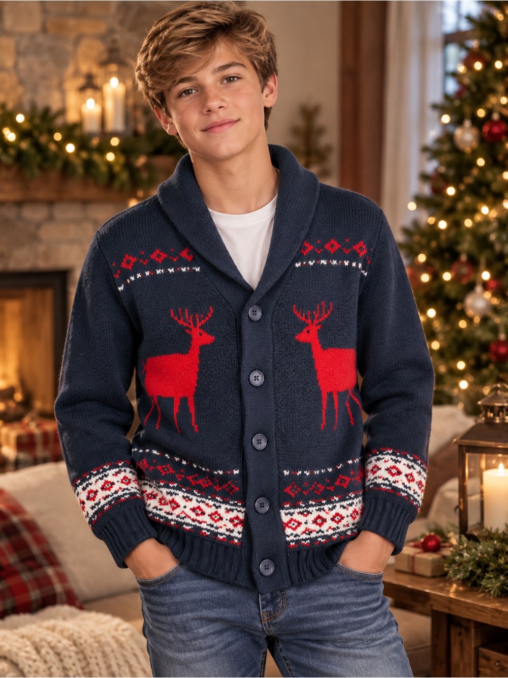 Youth L (14–16) Reindeer Fair Isle Shawl Collar Cardigan